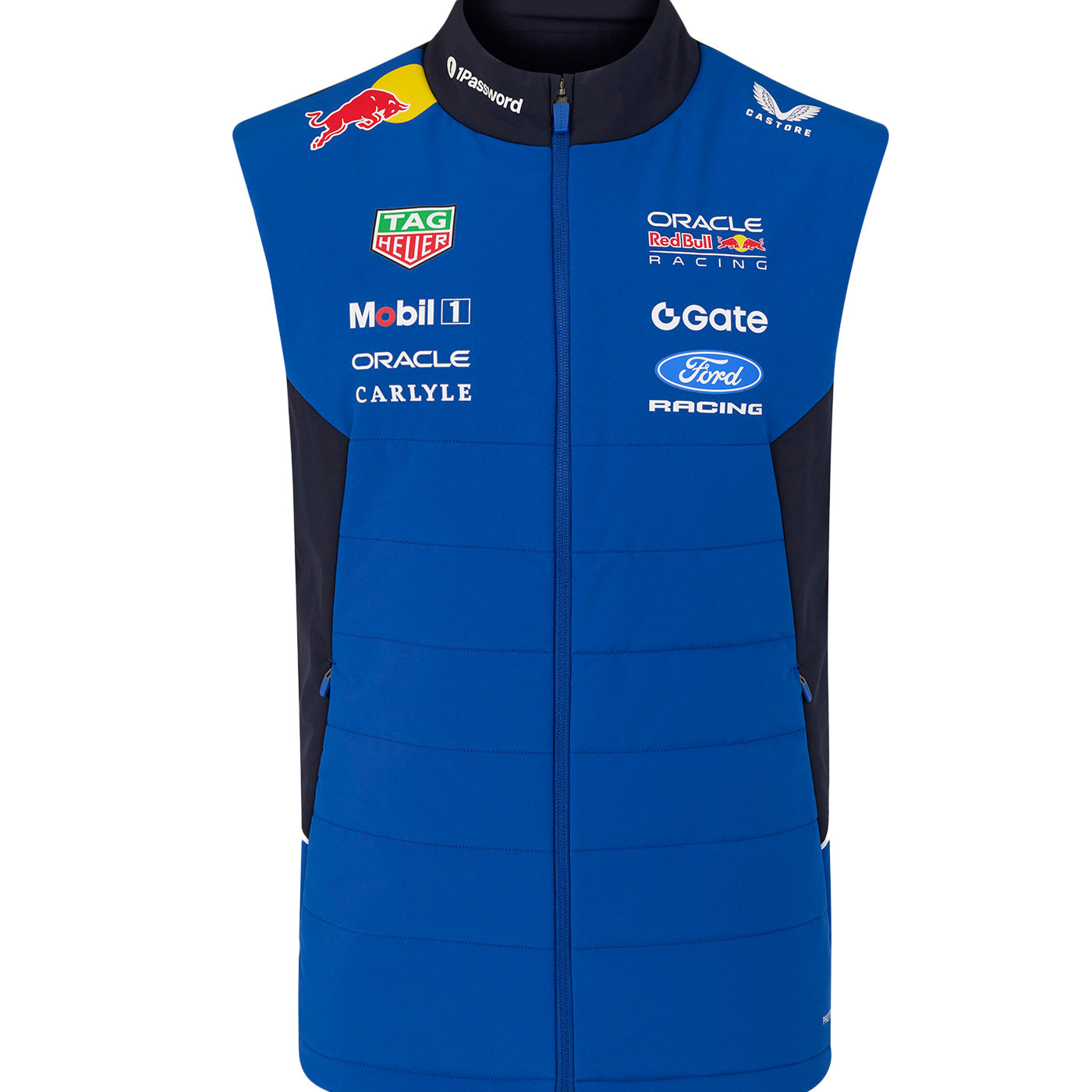 Blue FORD racing vest with various sponsor logos on a white background